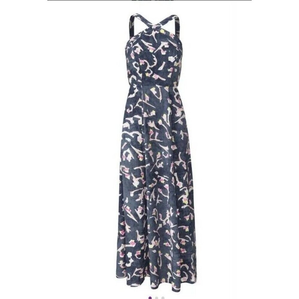 Cabi Women’s 4 Blue Floral Watercolor Halter Maxi Dress Vacay Resort Feminine‎